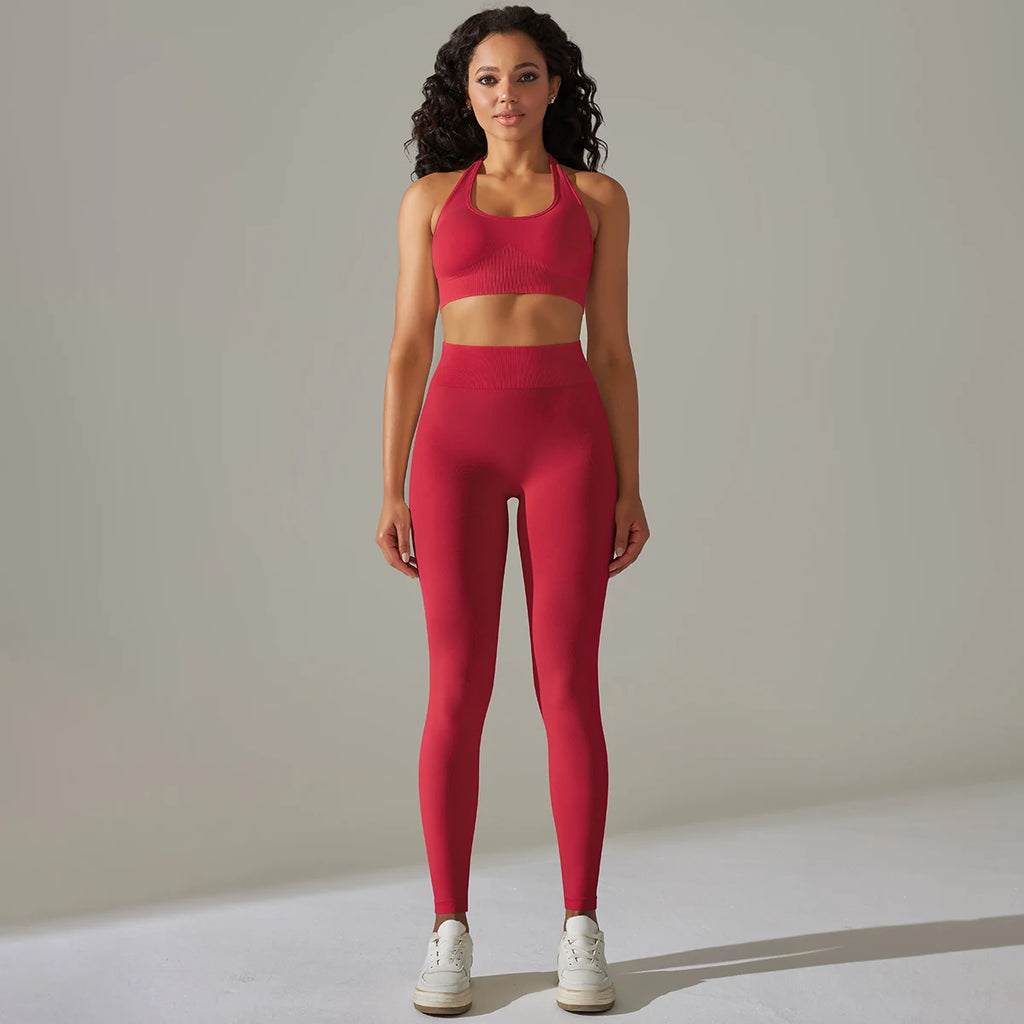 2 Piece Set for Women Seamless Yoga Set Gym Fitness Sports Set Sexy Halter Neck Bra Set High Waist Leggings Tracksuit Sportswear