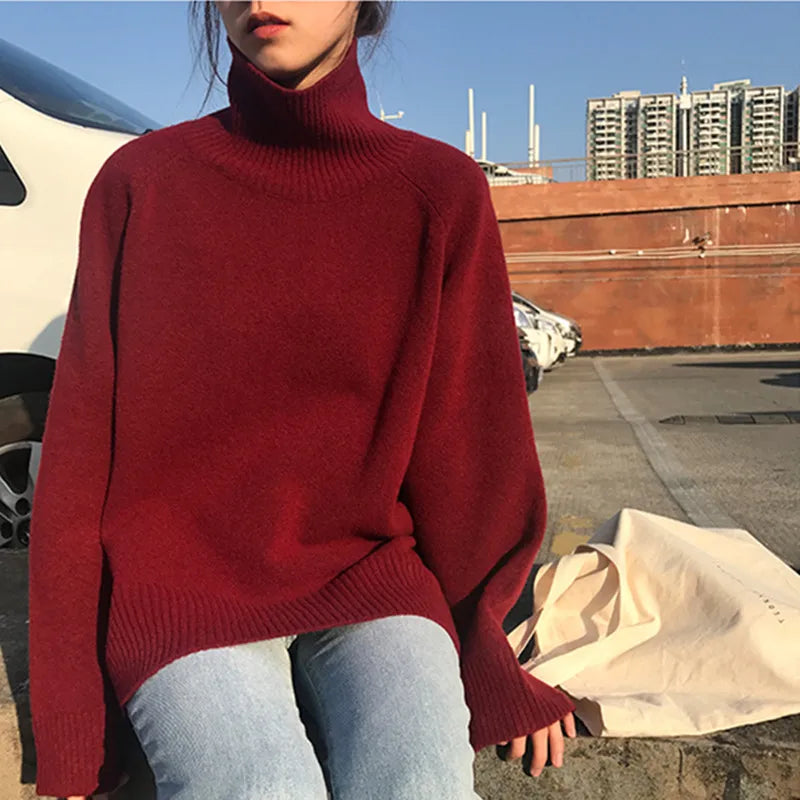 Grey Turtleneck Women'S Pullover Sweater Loose Languid Style 2022 New Autumn Winter Cashmere Thick Long Sleeve Knit