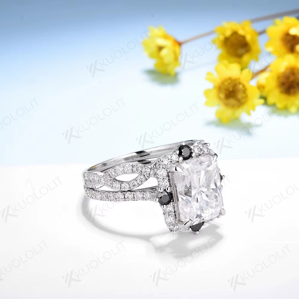 4CT Radiant Moissanite Set Rings for Women Solid 18K 14K 10K 925 Sliver Yellow Gold Black Moissanite for Classic Custom