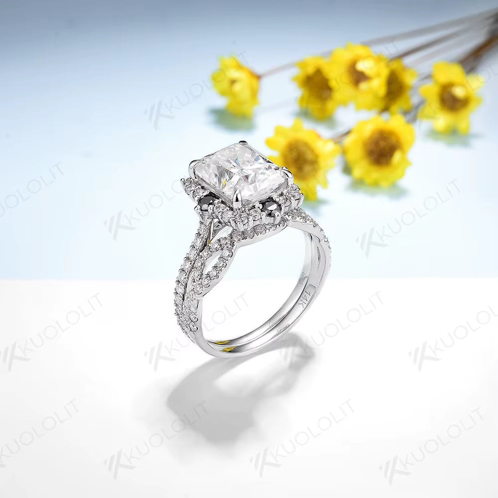 4CT Radiant Moissanite Set Rings for Women Solid 18K 14K 10K 925 Sliver Yellow Gold Black Moissanite for Classic Custom