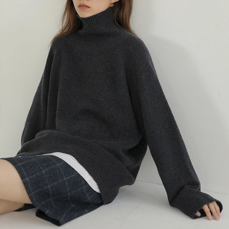 Grey Turtleneck Women'S Pullover Sweater Loose Languid Style 2022 New Autumn Winter Cashmere Thick Long Sleeve Knit