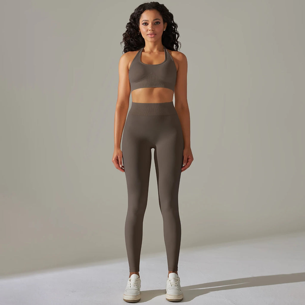 2 Piece Set for Women Seamless Yoga Set Gym Fitness Sports Set Sexy Halter Neck Bra Set High Waist Leggings Tracksuit Sportswear