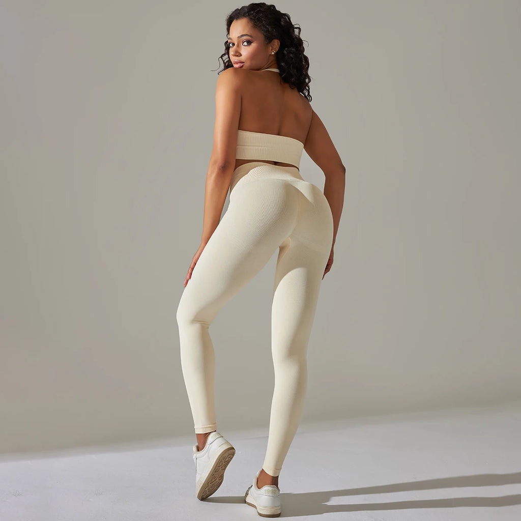 2 Piece Set for Women Seamless Yoga Set Gym Fitness Sports Set Sexy Halter Neck Bra Set High Waist Leggings Tracksuit Sportswear
