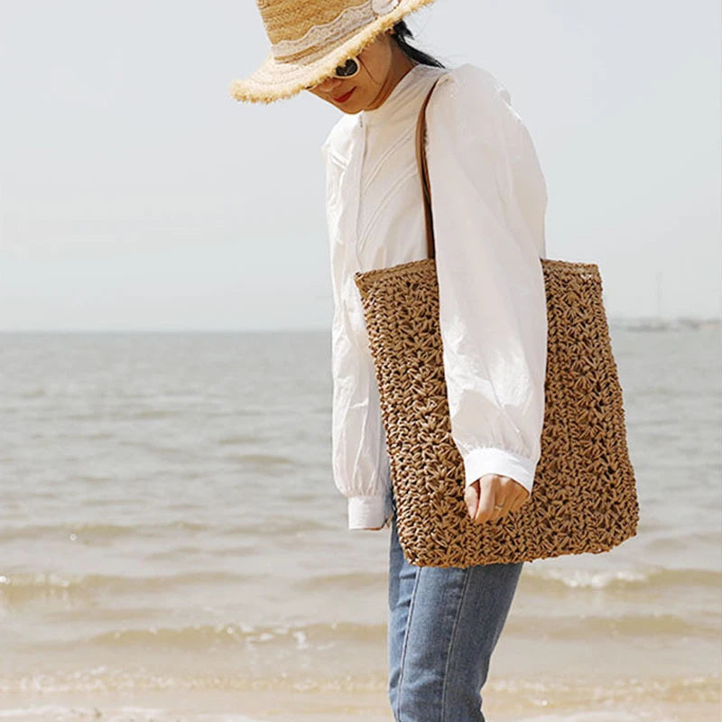 Fashion Rattan Women Shoulder Bags Wikcer Woven Female Handbag Large Capacity Summer Beach Straw Tote Bags Casual Shopper Purses