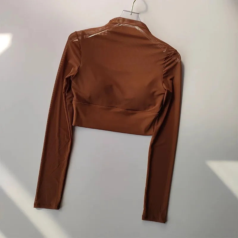 Women Padded Yoga Shirts Long Sleeve Yoga Crop Tops Running Shirts Gym Shirt Workout Gym Top Sports Sexy Mesh Yoga Shirt
