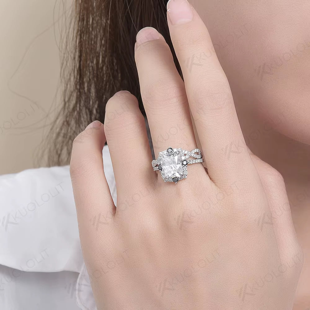 4CT Radiant Moissanite Set Rings for Women Solid 18K 14K 10K 925 Sliver Yellow Gold Black Moissanite for Classic Custom