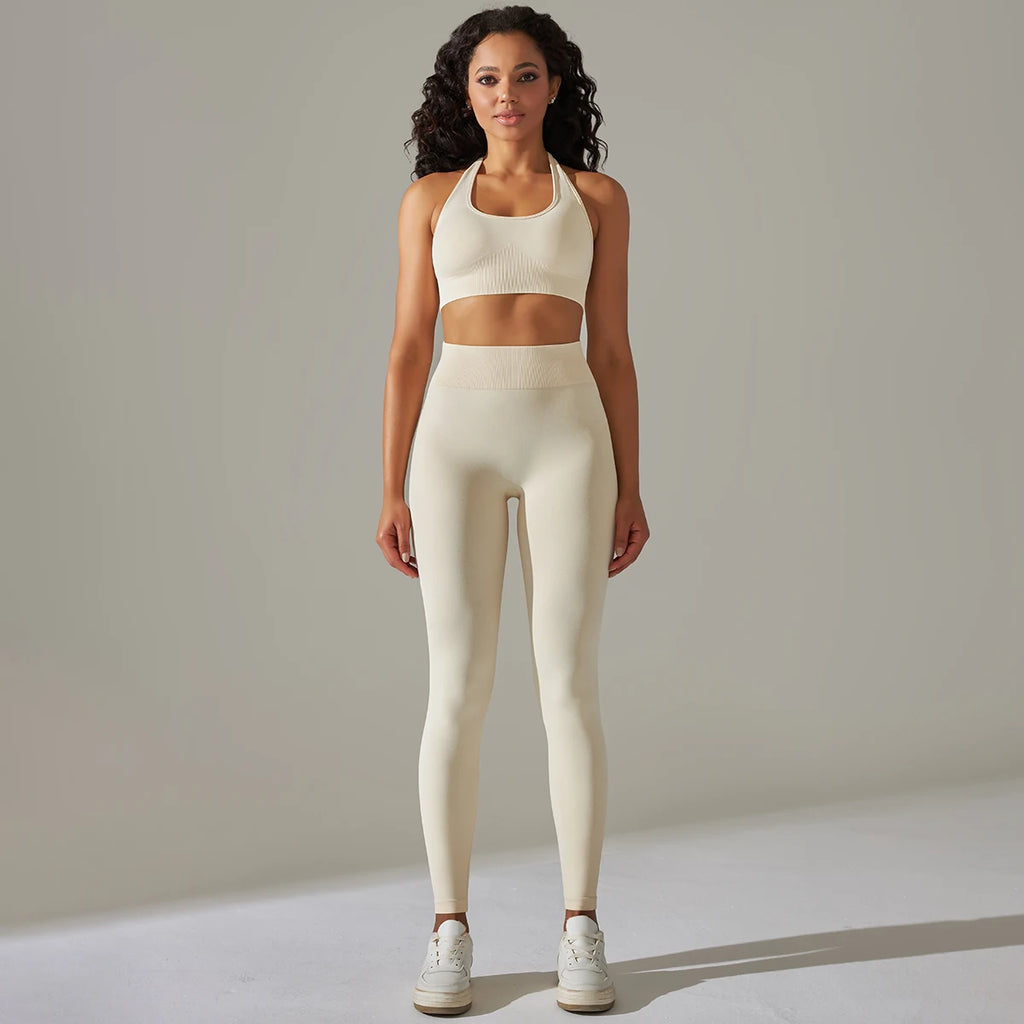 2 Piece Set for Women Seamless Yoga Set Gym Fitness Sports Set Sexy Halter Neck Bra Set High Waist Leggings Tracksuit Sportswear