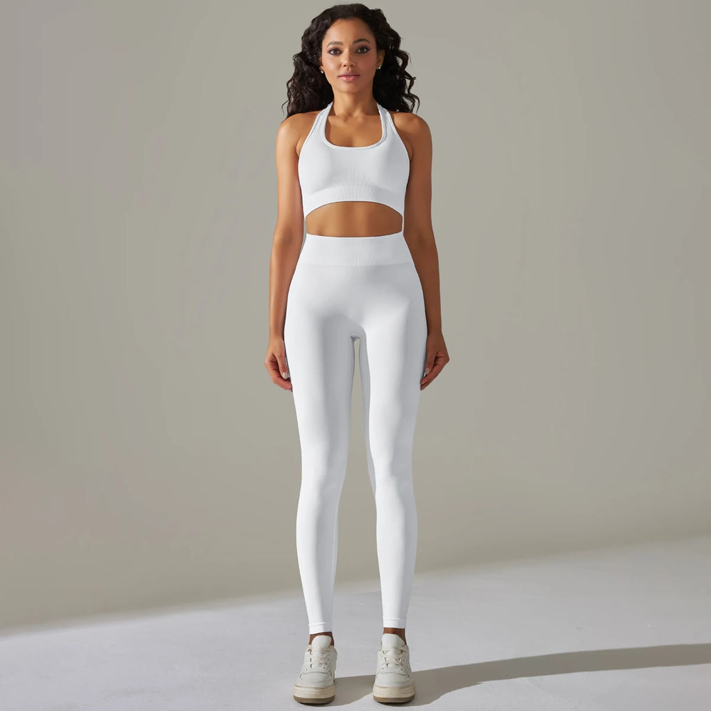 2 Piece Set for Women Seamless Yoga Set Gym Fitness Sports Set Sexy Halter Neck Bra Set High Waist Leggings Tracksuit Sportswear