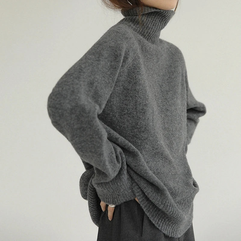 Grey Turtleneck Women'S Pullover Sweater Loose Languid Style 2022 New Autumn Winter Cashmere Thick Long Sleeve Knit