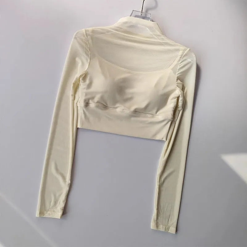 Women Padded Yoga Shirts Long Sleeve Yoga Crop Tops Running Shirts Gym Shirt Workout Gym Top Sports Sexy Mesh Yoga Shirt