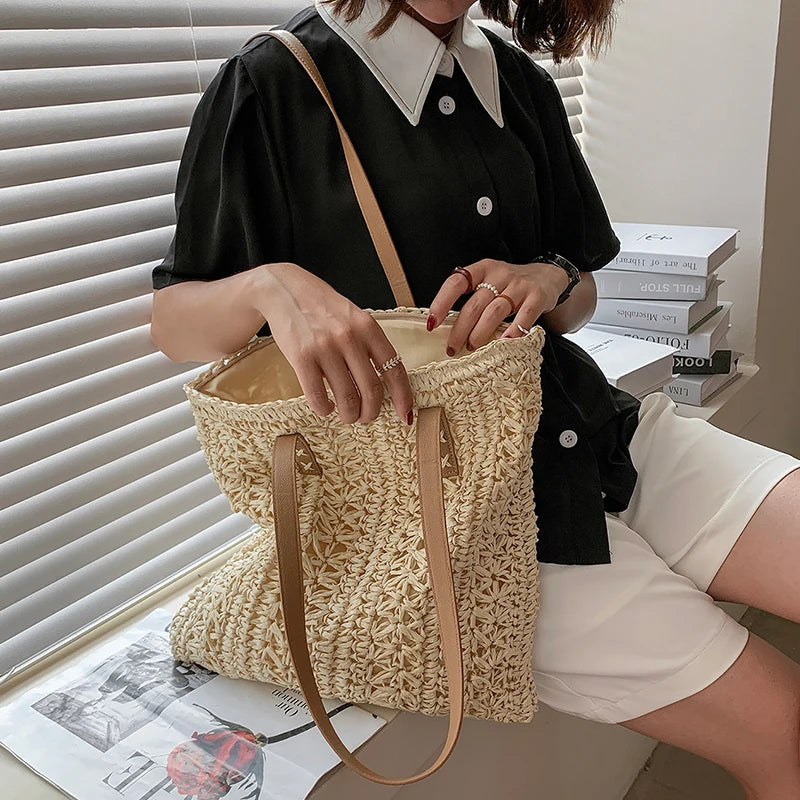 Fashion Rattan Women Shoulder Bags Wikcer Woven Female Handbag Large Capacity Summer Beach Straw Tote Bags Casual Shopper Purses