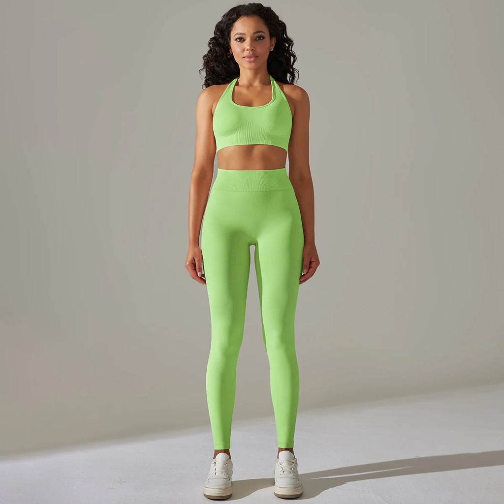 2 Piece Set for Women Seamless Yoga Set Gym Fitness Sports Set Sexy Halter Neck Bra Set High Waist Leggings Tracksuit Sportswear
