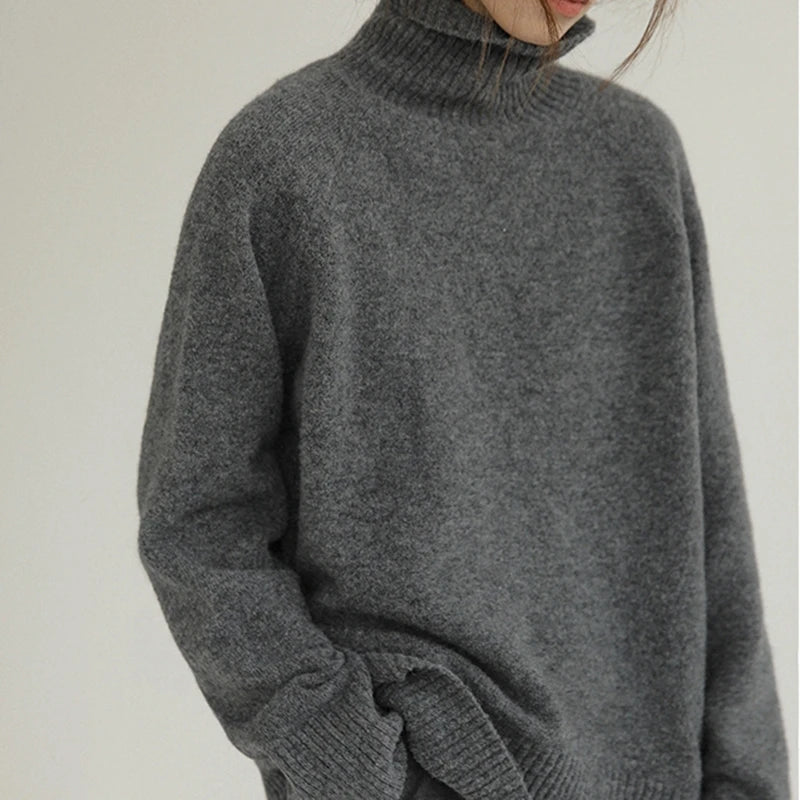 Grey Turtleneck Women'S Pullover Sweater Loose Languid Style 2022 New Autumn Winter Cashmere Thick Long Sleeve Knit