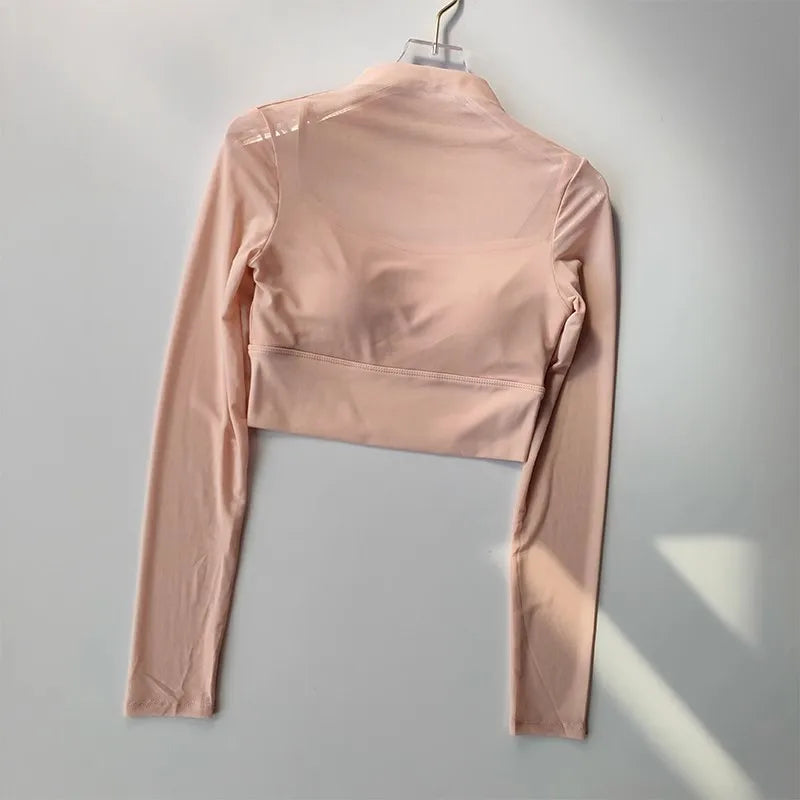 Women Padded Yoga Shirts Long Sleeve Yoga Crop Tops Running Shirts Gym Shirt Workout Gym Top Sports Sexy Mesh Yoga Shirt