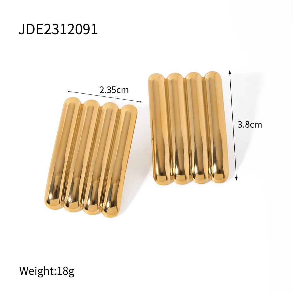 Uworld Vintage Inspired Design Chunky 18K Gold Plated Stainless Steel Rectangular Ribbed Earring Simple Statement Jewelry Girls