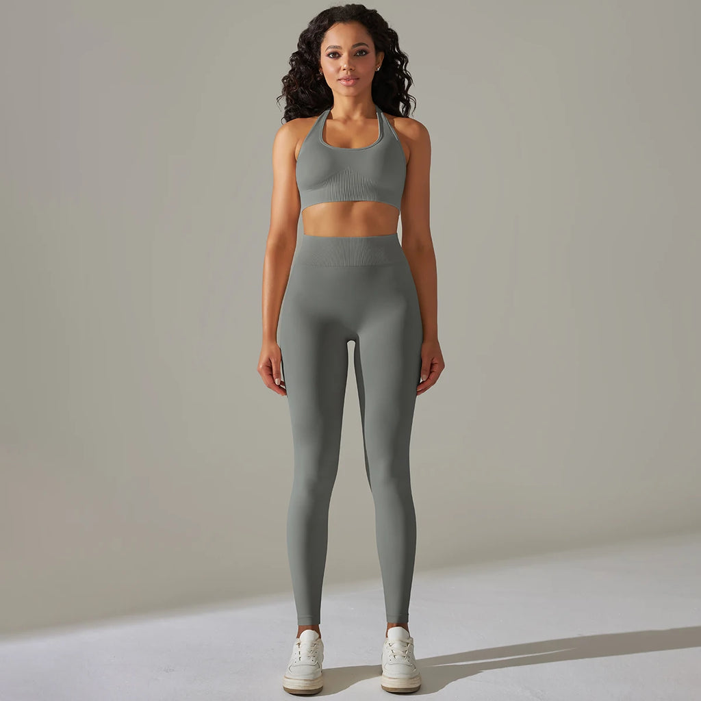 2 Piece Set for Women Seamless Yoga Set Gym Fitness Sports Set Sexy Halter Neck Bra Set High Waist Leggings Tracksuit Sportswear