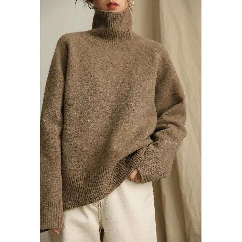 Grey Turtleneck Women'S Pullover Sweater Loose Languid Style 2022 New Autumn Winter Cashmere Thick Long Sleeve Knit